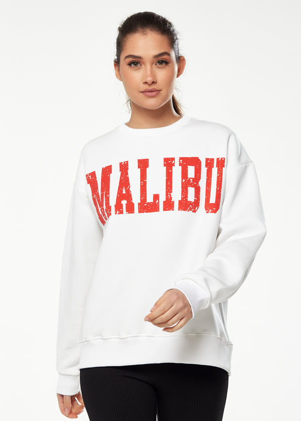 Liquorish Women’s Sweatshirt with Malibu Print in White - Cozy Classic Round Neck Full-Length Sleeves Ribbed Cuffs Regular Fit