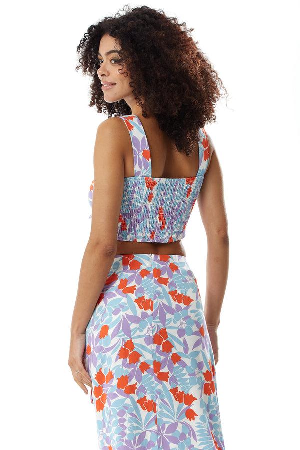 Liquorish Women’s Tie Front Floral Print Crop Top In Blue And Red - Summer Perfect Elasticated Back Regular Fit Co-ord Set