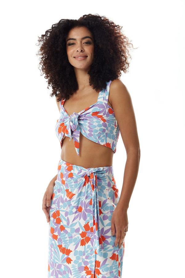 Liquorish Women’s Tie Front Floral Print Crop Top in Blue and Red - Summer Perfect Elasticated Back Regular Fit Co-ord Set
