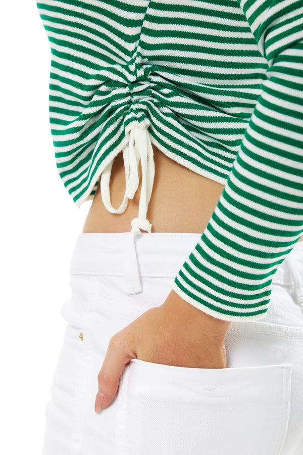 Liquorish Women's Top In Green And White Stripes With Long Sleeves - Cozy Crew Neck Stylish Tie Details Versatile Wear