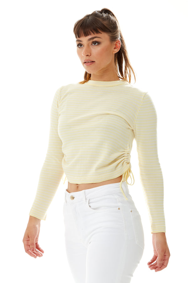 Liquorish Women's Top In Yellow And White Stripes With Long Sleeves And Tie Details For Effortless Style