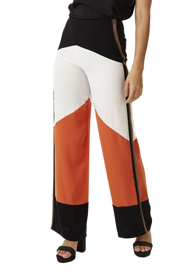 Liquorish Women's Trousers: High Rise Wide Leg Colour Block with Lurex Details - Side Zip Regular Fit - Liquorish