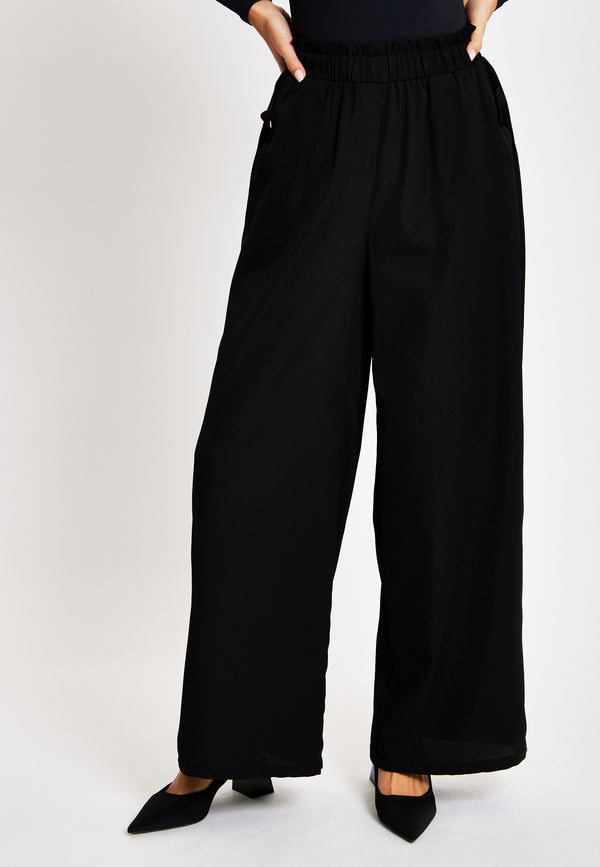 Liquorish Women's Trousers - High Waist Black Wide Leg With Front Pockets Elasticated Waist Regular Fit - Liquorish