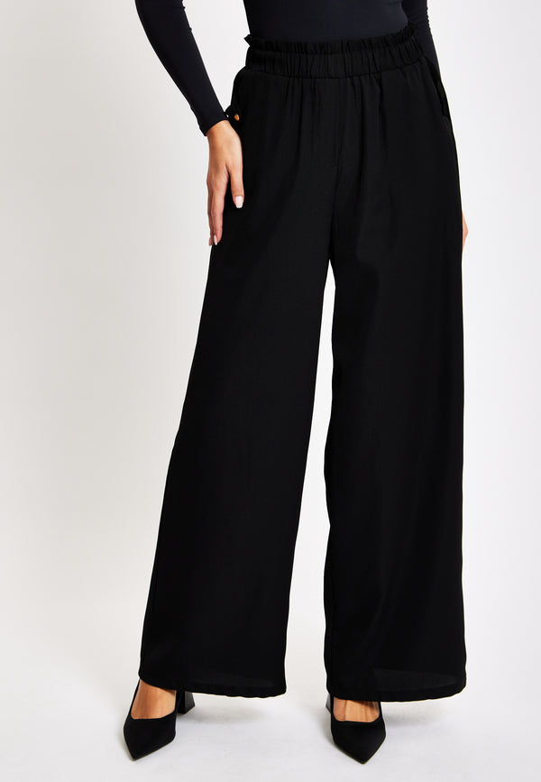 Liquorish Women's Trousers - High Waist Black Wide Leg With Front Pockets Elasticated Waist Regular Fit - Liquorish