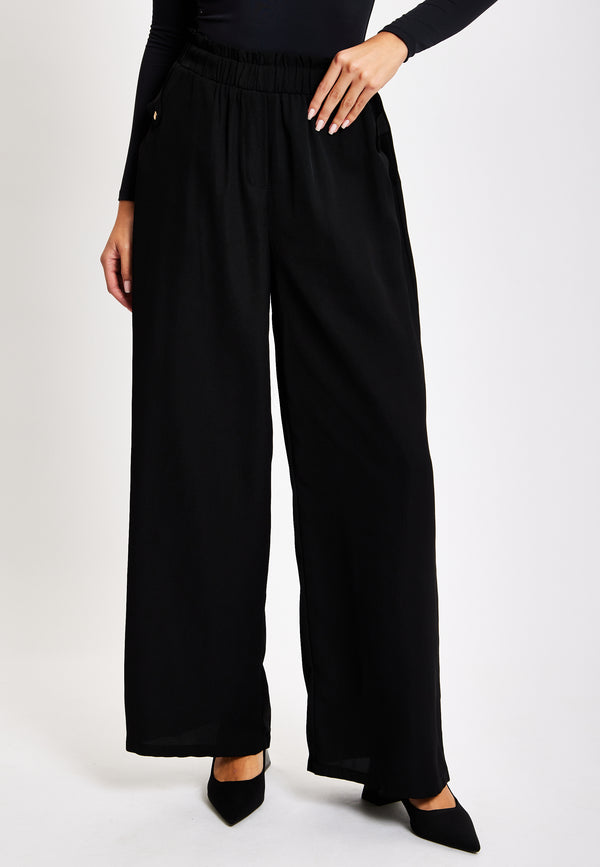 Liquorish Women's Trousers - High Waist Black Wide Leg With Front Pockets Elasticated Waist Regular Fit - Liquorish