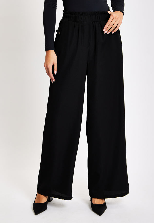 Liquorish Women's Trousers - High Waist Black Wide Leg with Front Pockets Elasticated Waist Regular Fit - Liquorish