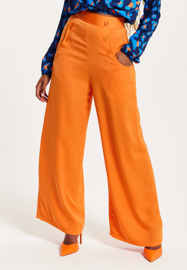 Liquorish Women's Trousers High Waist Orange Wide Leg With Front Buttons And Pockets Zip-Side Fastening Liquorish