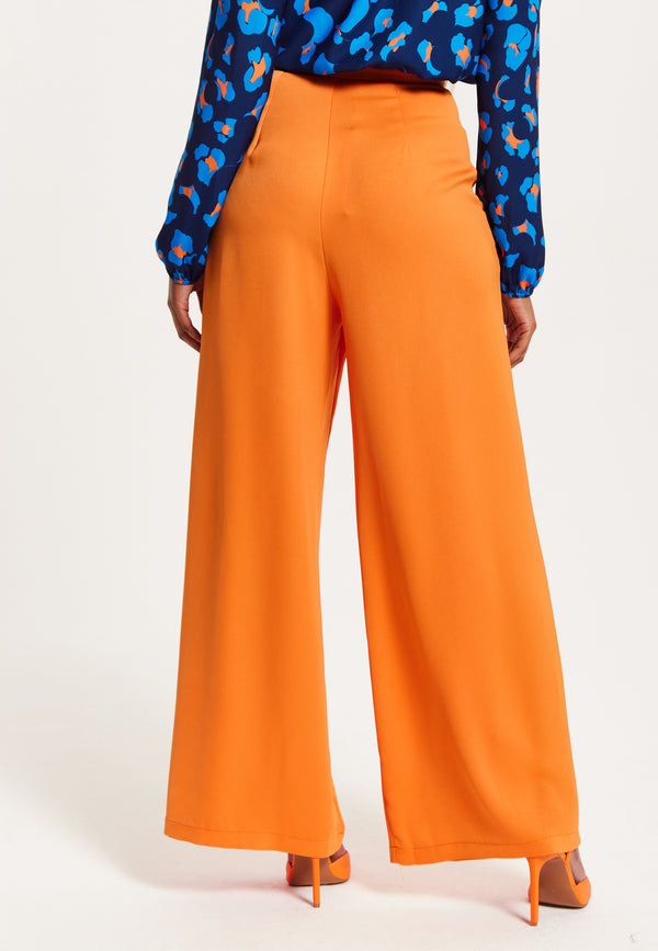 Liquorish Women's Trousers High Waist Orange Wide Leg With Front Buttons And Pockets Zip-Side Fastening Liquorish