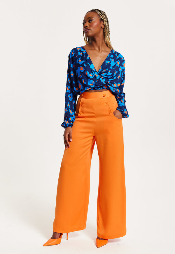 Liquorish Women's Trousers High Waist Orange Wide Leg with Front Buttons and Pockets Zip-Side Fastening Liquorish