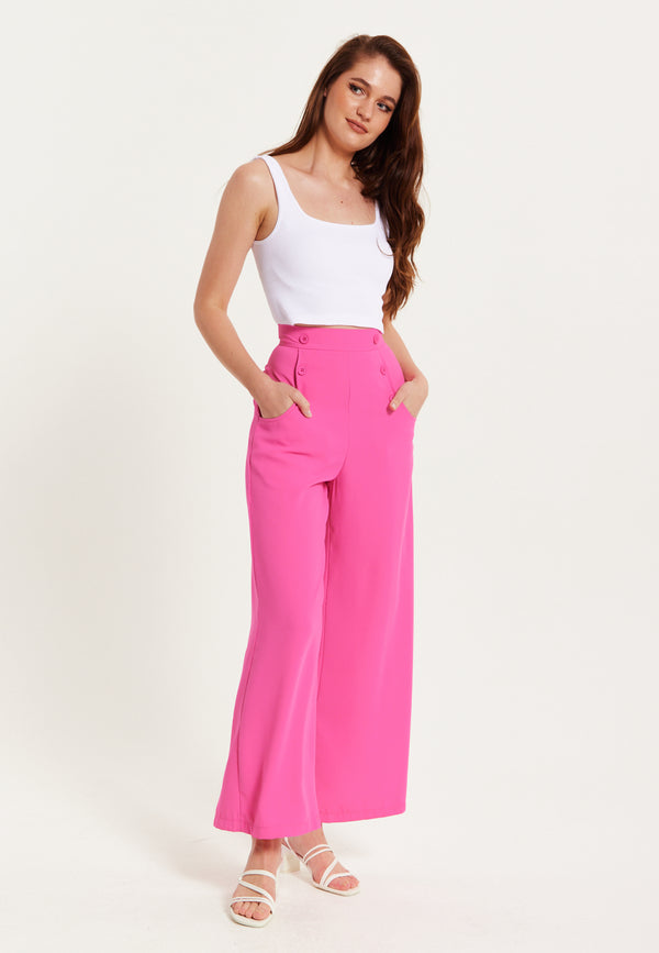 Liquorish Women's Trousers - High Waist Pink Wide Leg With Front Buttons & Pockets Zip-Side Fastening Liquorish