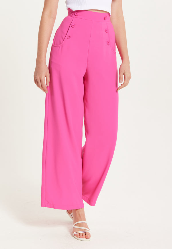 Liquorish Women's Trousers - High Waist Pink Wide Leg With Front Buttons & Pockets Zip-Side Fastening Liquorish
