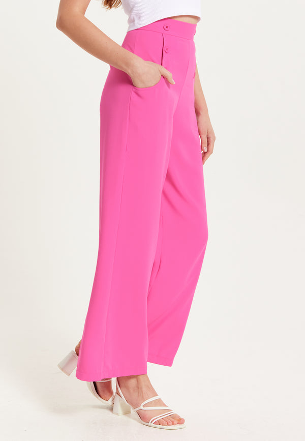 Liquorish Women's Trousers - High Waist Pink Wide Leg With Front Buttons & Pockets Zip-Side Fastening Liquorish