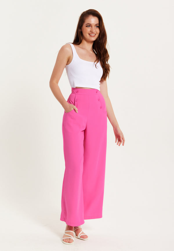 Liquorish Women's Trousers - High Waist Pink Wide Leg with Front Buttons & Pockets Zip-Side Fastening Liquorish