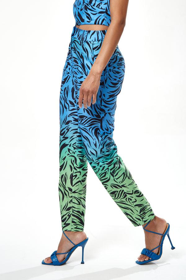 Liquorish Women's Trousers In Blue And Green Ombre Zebra Print With Flare Leg - Tailored Fit By Liquorish