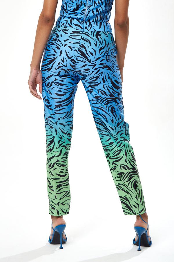 Liquorish Women's Trousers In Blue And Green Ombre Zebra Print With Flare Leg - Tailored Fit By Liquorish