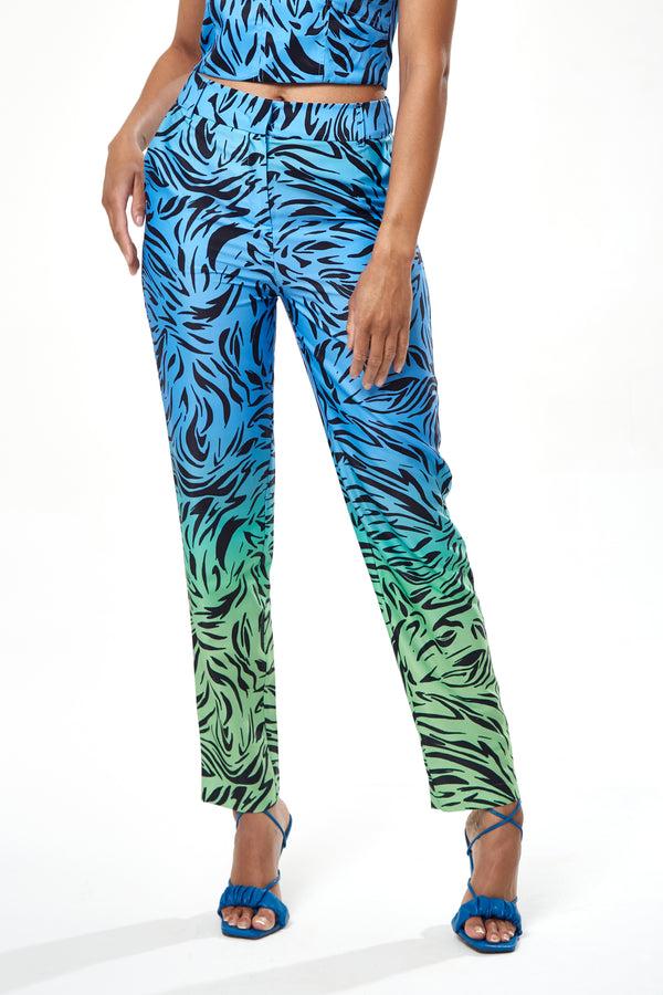 Liquorish Women's Trousers in Blue and Green Ombre Zebra Print with Flare Leg - Tailored Fit by Liquorish