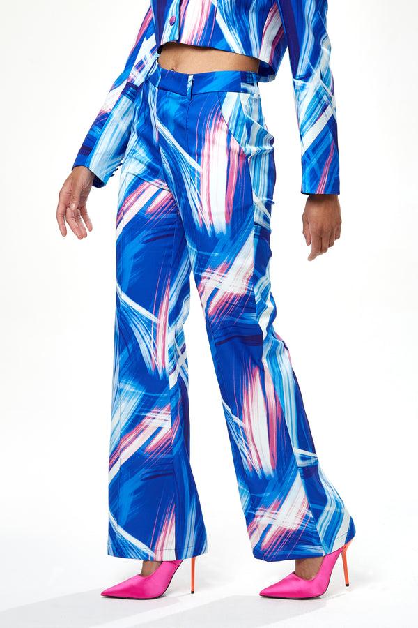 Liquorish Women's Trousers In Blue White & Pink Graphic Print With High Rise And Narrow Waistband - Liquorish