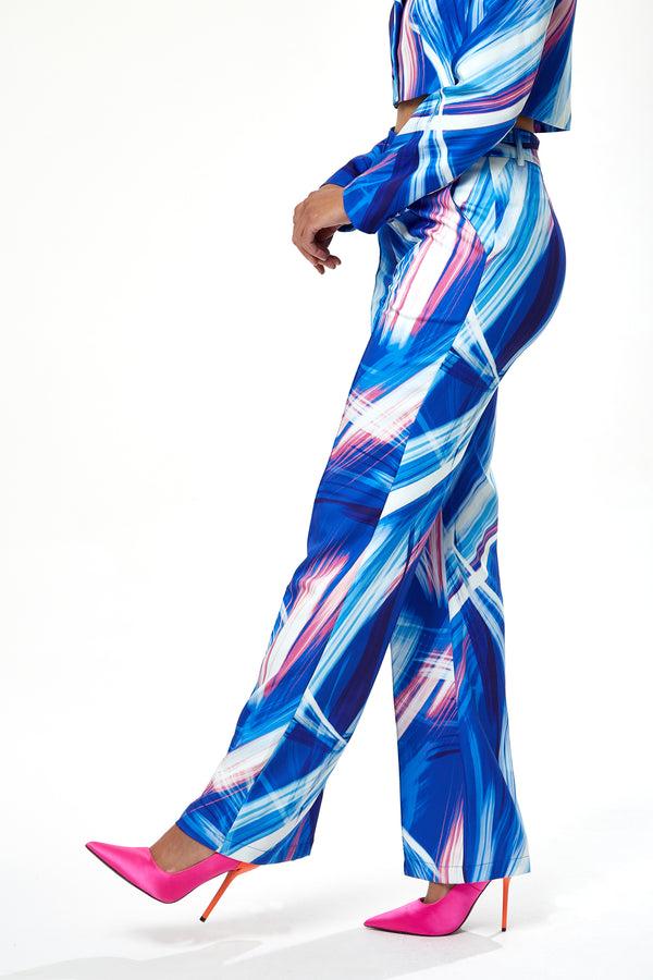 Liquorish Women's Trousers In Blue White & Pink Graphic Print With High Rise And Narrow Waistband - Liquorish