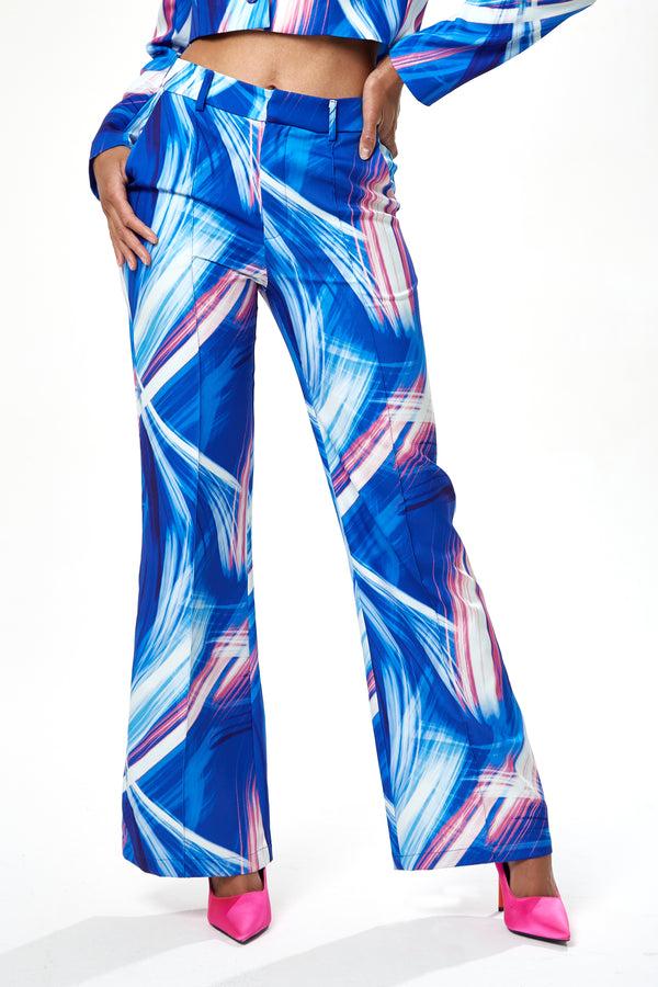 Liquorish Women's Trousers in Blue White & Pink Graphic Print with High Rise and Narrow Waistband - Liquorish