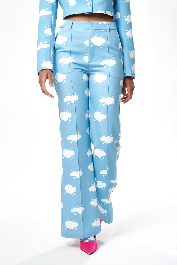 Liquorish Women's Trousers in Blue with Flare Leg and All-Over Print - Tailored Fit by Liquorish