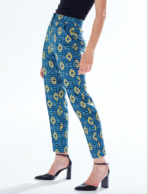 Liquorish Women's Trousers In Blue Yellow & Navy With Geometric African Print High Waisted & Tailored Fit By Liquorish
