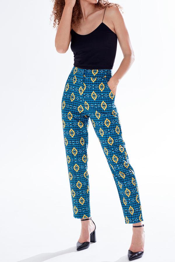 Liquorish Women's Trousers In Blue Yellow & Navy With Geometric African Print High Waisted & Tailored Fit By Liquorish