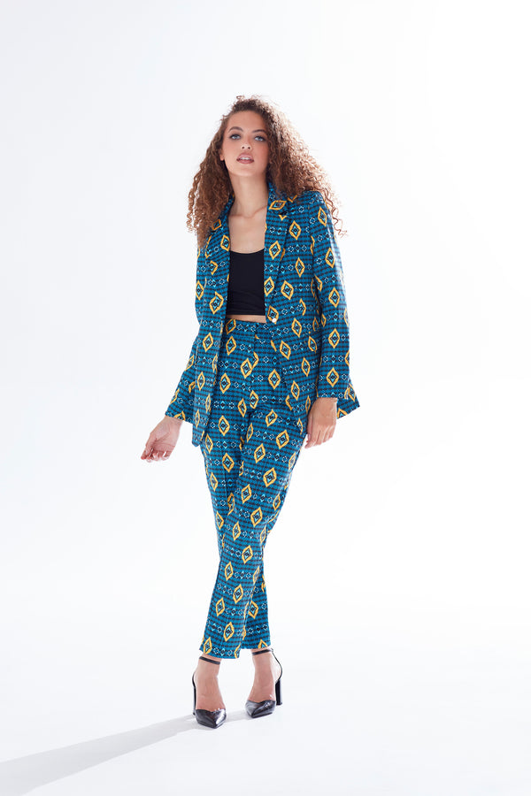Liquorish Women's Trousers In Blue Yellow & Navy With Geometric African Print High Waisted & Tailored Fit By Liquorish
