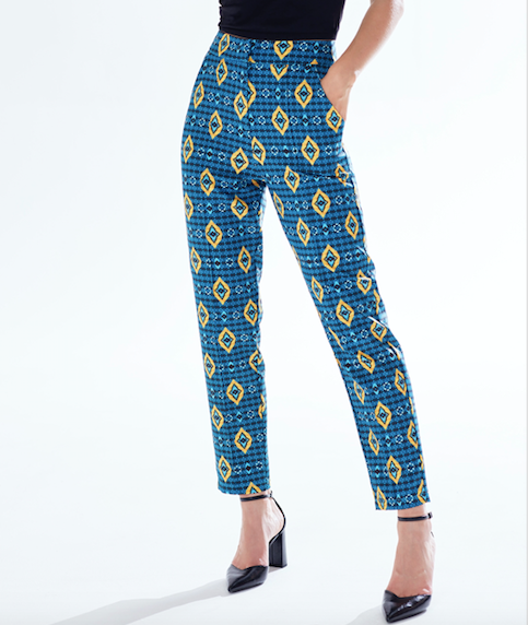 Liquorish Women's Trousers in Blue Yellow & Navy with Geometric African Print High Waisted & Tailored Fit by Liquorish