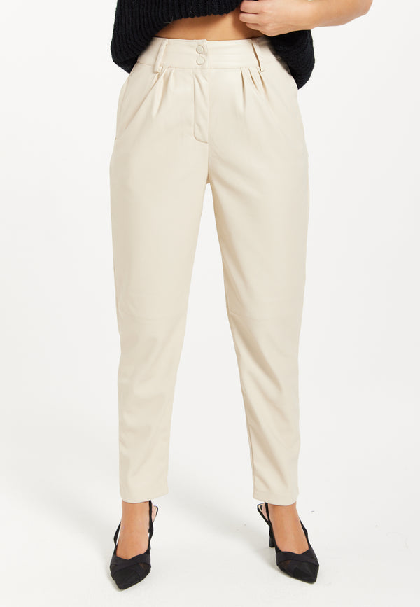 Liquorish Women's Trousers In Cream With Pleated Waist Tapered Fit Faux Leather Detail - Liquorish