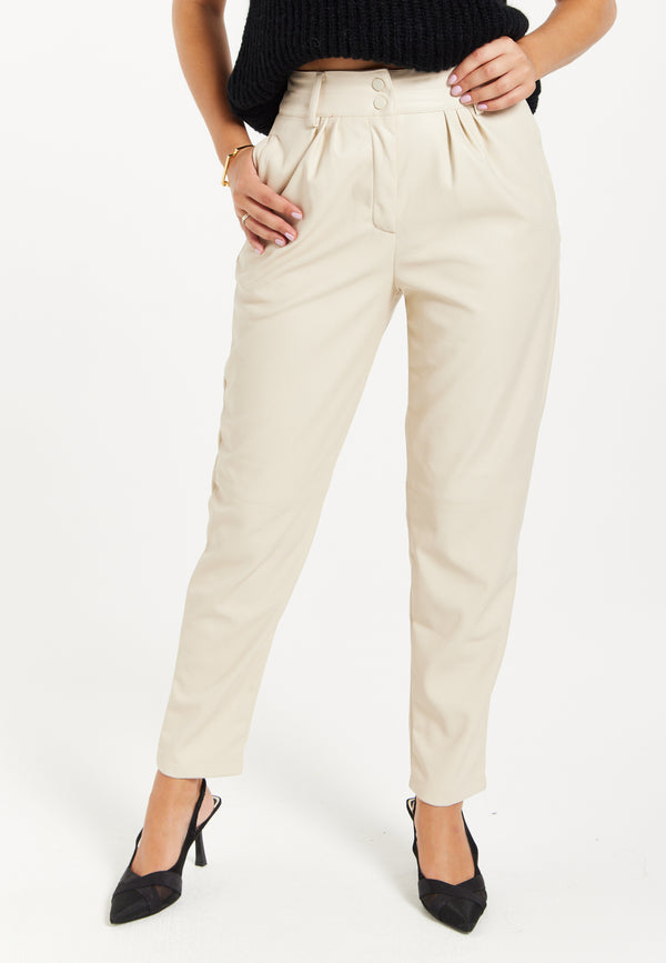 Liquorish Women's Trousers in Cream with Pleated Waist Tapered Fit Faux Leather Detail - Liquorish