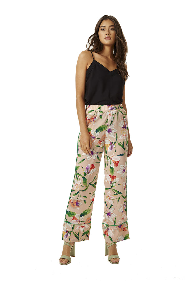 Liquorish Women's Trousers in Floral Print with Green Piping and Side Pockets - Fitted Wide Leg Style by Liquorish