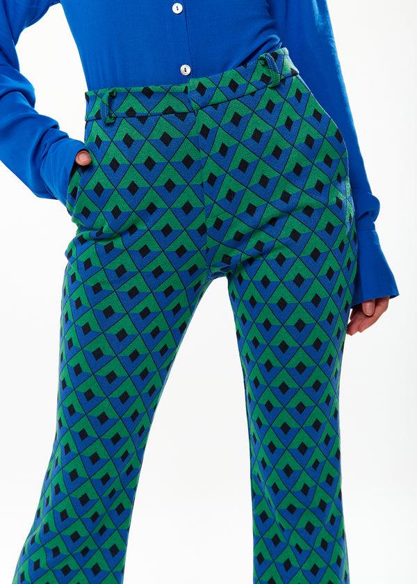 Liquorish Women's Trousers In Green & Blue Geometric Print With Flared Hem And Side Pockets - Liquorish