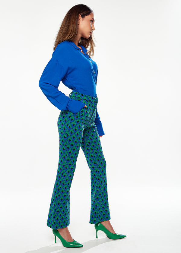 Liquorish Women's Trousers In Green & Blue Geometric Print With Flared Hem And Side Pockets - Liquorish
