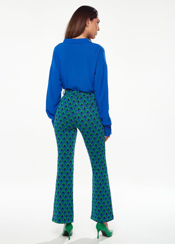 Liquorish Women's Trousers In Green & Blue Geometric Print With Flared Hem And Side Pockets - Liquorish