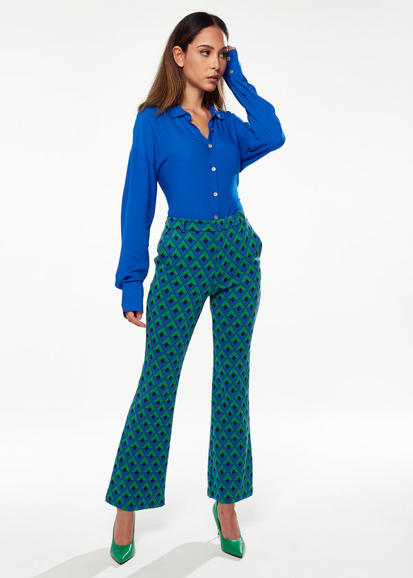Liquorish Women's Trousers in Green & Blue Geometric Print with Flared Hem and Side Pockets - Liquorish