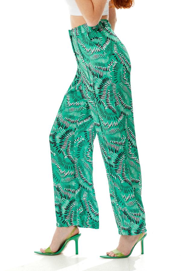 Liquorish Women's Trousers In Green With Abstract Print High Rise Wide Leg Design - Liquorish