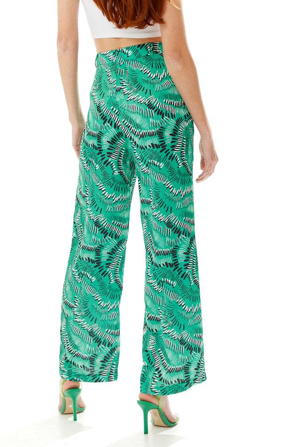 Liquorish Women's Trousers In Green With Abstract Print High Rise Wide Leg Design - Liquorish