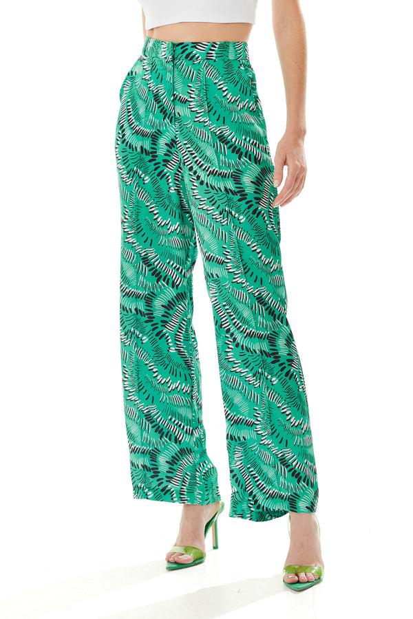 Liquorish Women's Trousers in Green with Abstract Print High Rise Wide Leg Design - Liquorish