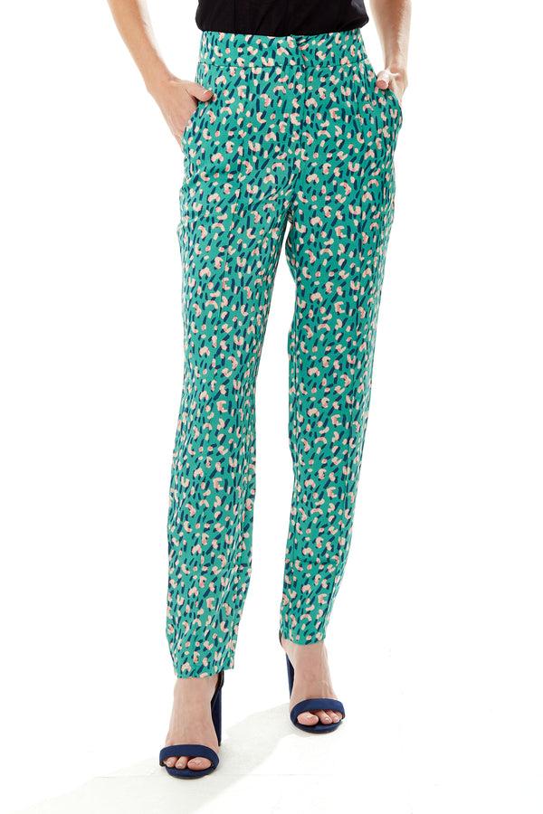 Liquorish Women's Trousers In Green With Straight Leg Tailored Fit - All Over Stroke Print By Liquorish