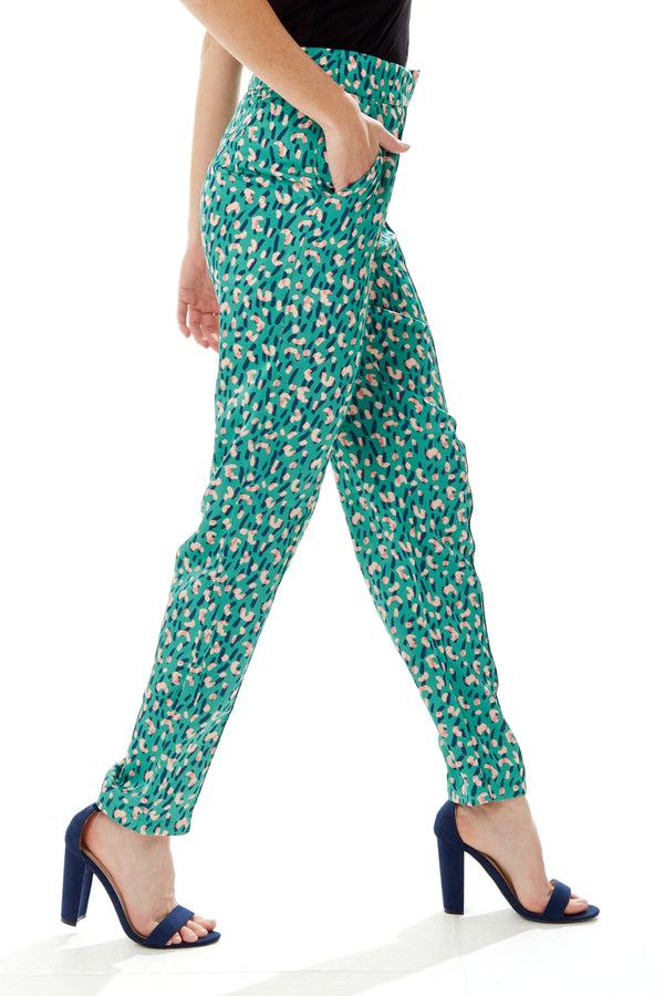 Liquorish Women's Trousers In Green With Straight Leg Tailored Fit - All Over Stroke Print By Liquorish