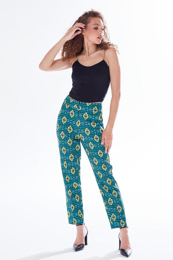 Liquorish Women's Trousers In Green Yellow & Navy Geometric Print With Tailored Fit By Liquorish