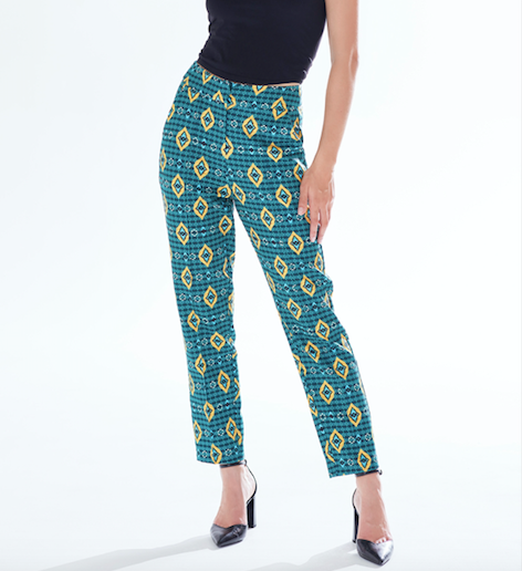 Liquorish Women's Trousers in Green Yellow & Navy Geometric Print with Tailored Fit by Liquorish