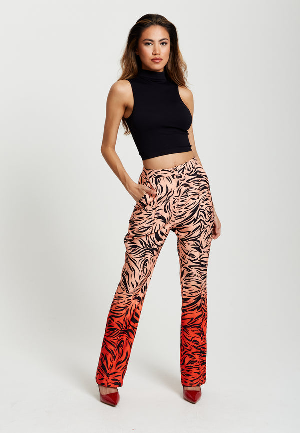 Liquorish Women's Trousers In Orange And Nude Zebra Print With Slit Detail And Button Closure By Liquorish