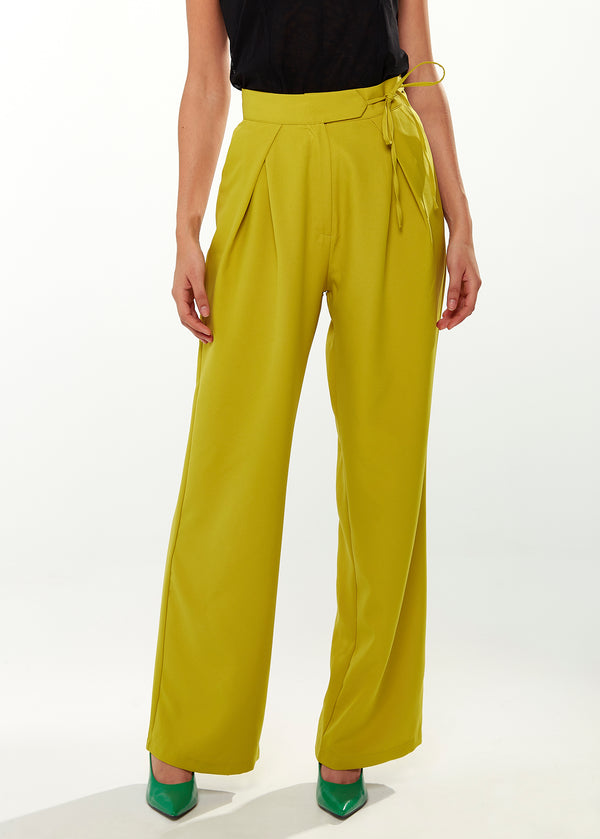 Liquorish Women's Trousers in Pistachio with Tie Waist Side Pockets and Pleated Detail - Liquorish