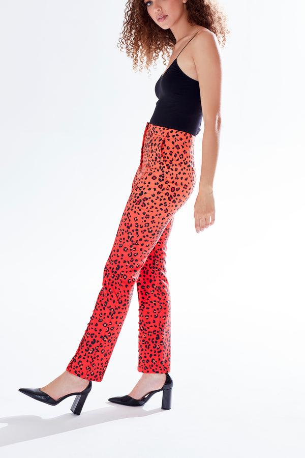 Liquorish Women's Trousers In Red Orange & Black Ombre Leopard Print With High Waist & Button Slit Detail - Liquorish