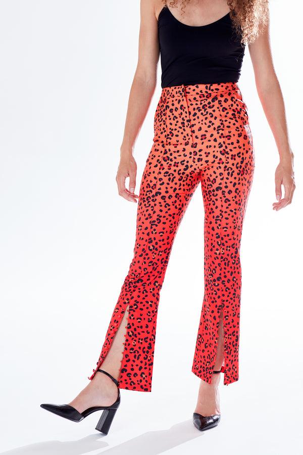 Liquorish Women's Trousers In Red Orange & Black Ombre Leopard Print With High Waist & Button Slit Detail - Liquorish