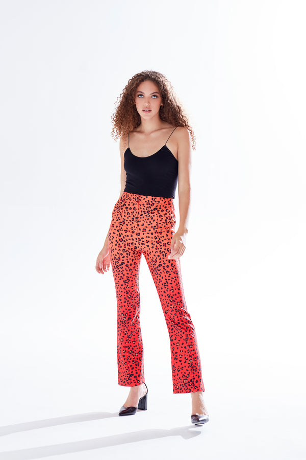 Liquorish Women's Trousers in Red Orange & Black Ombre Leopard Print with High Waist & Button Slit Detail - Liquorish