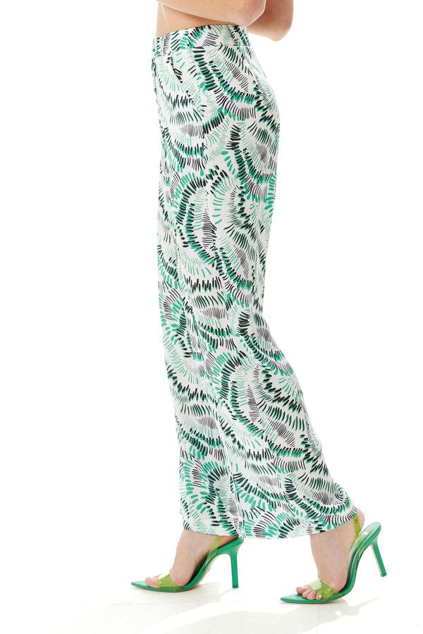 Liquorish Women’s Trousers In White With Abstract Print High Rise Wide Legs Front Pockets Regular Fit - Liquorish