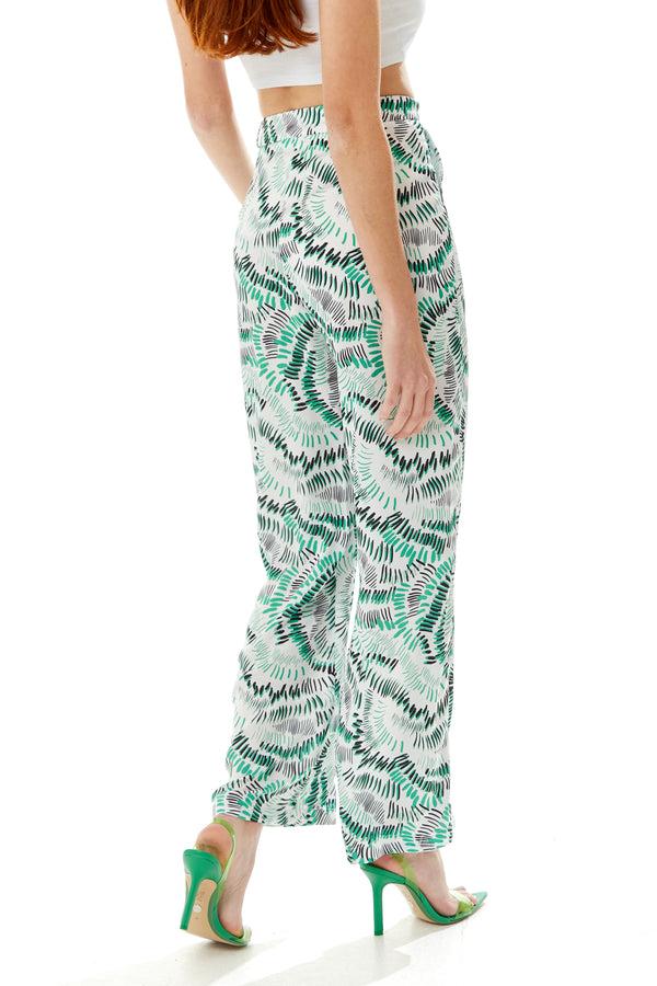 Liquorish Women’s Trousers In White With Abstract Print High Rise Wide Legs Front Pockets Regular Fit - Liquorish