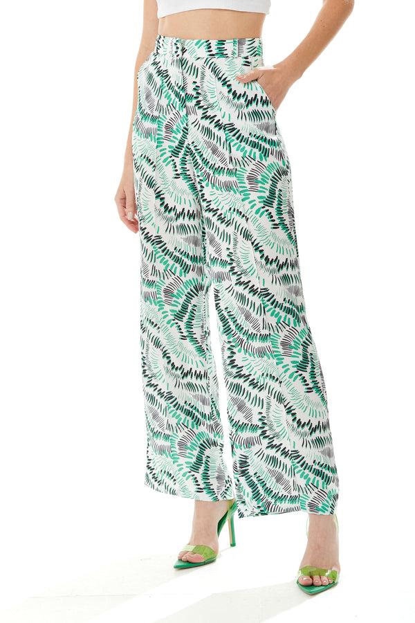 Liquorish Women’s Trousers in White with Abstract Print High Rise Wide Legs Front Pockets Regular Fit - Liquorish